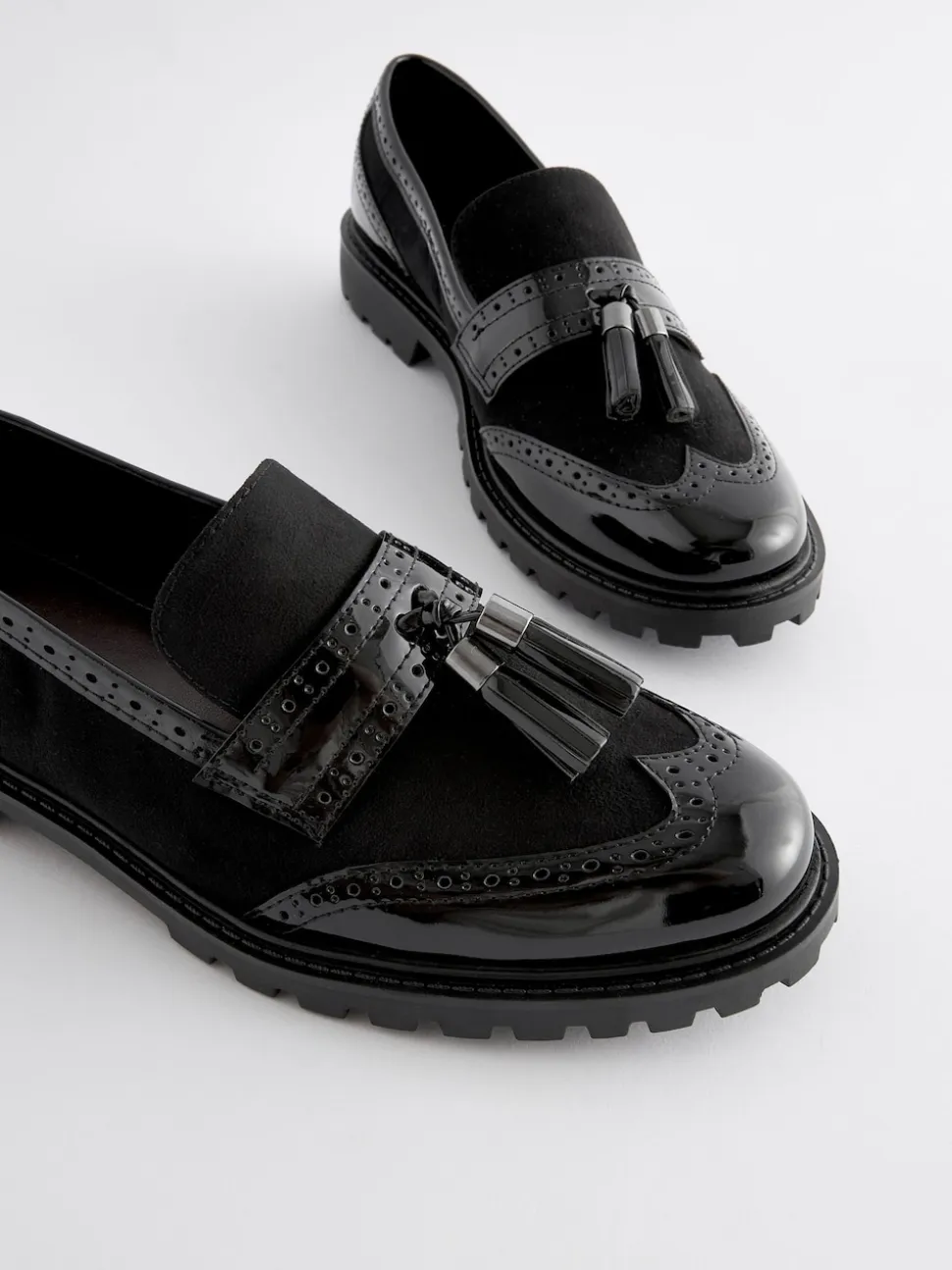 Black Mix Standard/Wide Fit Tassel Detail Cleated Chunky Loafer Shoes