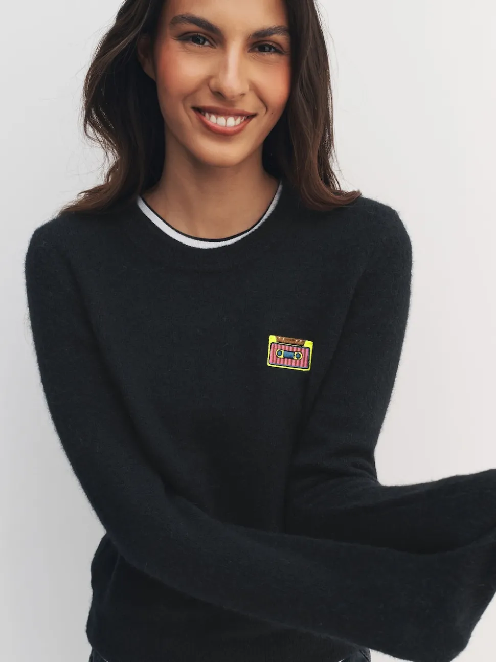 Black Music Cassette Long Sleeve Crew Neck Jumper With Wool
