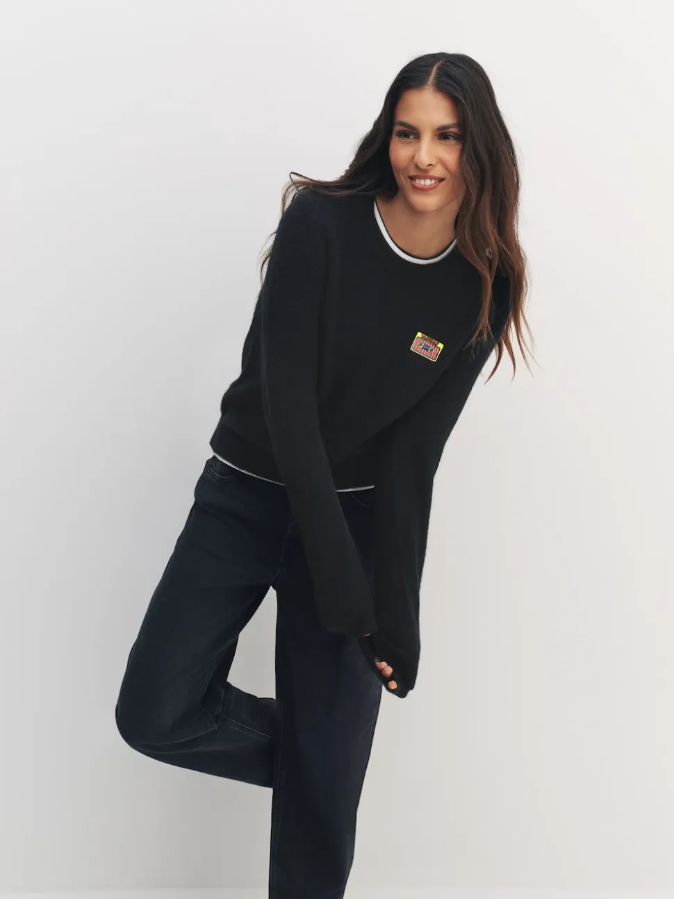 Black Music Cassette Long Sleeve Crew Neck Jumper With Wool