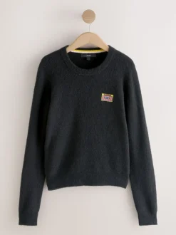 Black Music Cassette Long Sleeve Crew Neck Jumper With Wool