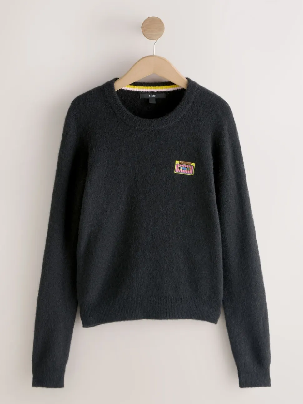 Black Music Cassette Long Sleeve Crew Neck Jumper With Wool