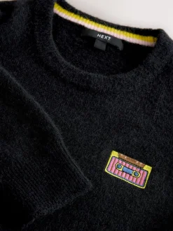 Black Music Cassette Long Sleeve Crew Neck Jumper With Wool