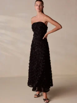 Black Occasion 3D Floral Bandeau Maxi Dress with Detachable Straps