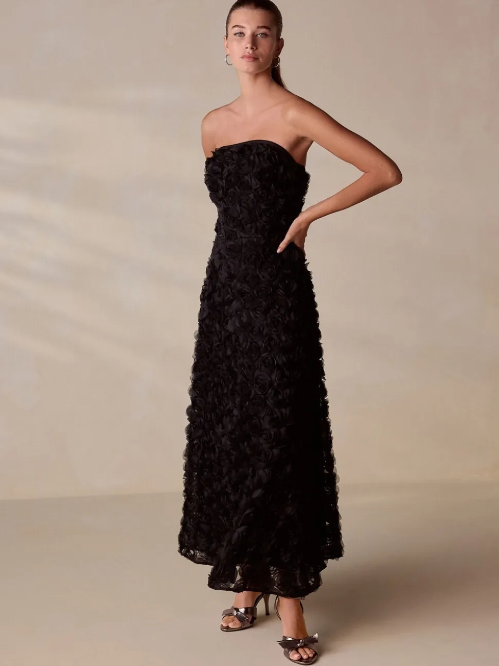 Black Occasion 3D Floral Bandeau Maxi Dress with Detachable Straps