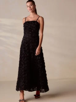 Black Occasion 3D Floral Bandeau Maxi Dress with Detachable Straps