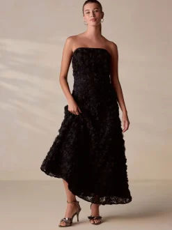 Black Occasion 3D Floral Bandeau Maxi Dress with Detachable Straps