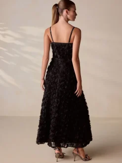 Black Occasion 3D Floral Bandeau Maxi Dress with Detachable Straps