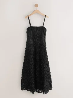 Black Occasion 3D Floral Bandeau Maxi Dress with Detachable Straps