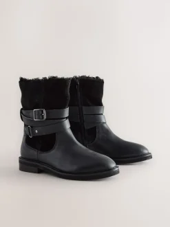 Black Oiled Leather Forever Comfort® Borg Lined Buckle Trim Ankle Boots