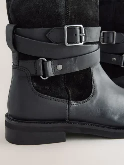 Black Oiled Leather Forever Comfort® Borg Lined Buckle Trim Ankle Boots