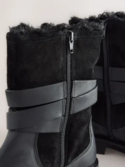 Black Oiled Leather Forever Comfort® Borg Lined Buckle Trim Ankle Boots