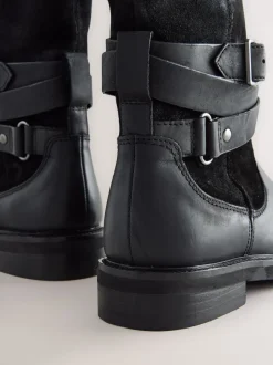 Black Oiled Leather Forever Comfort® Borg Lined Buckle Trim Ankle Boots