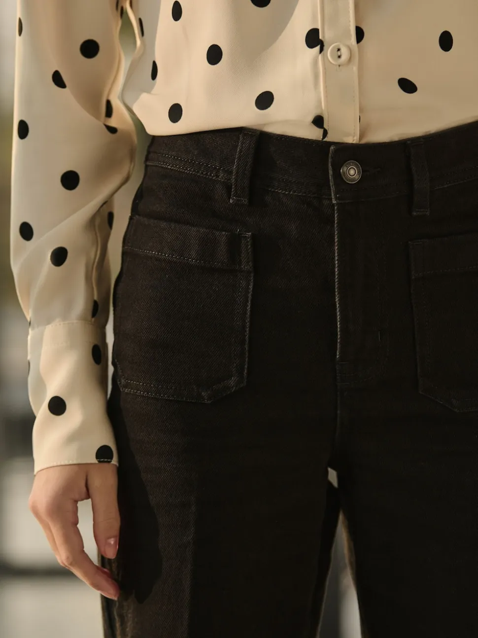 Black Patch Pocket Wide Leg Jeans