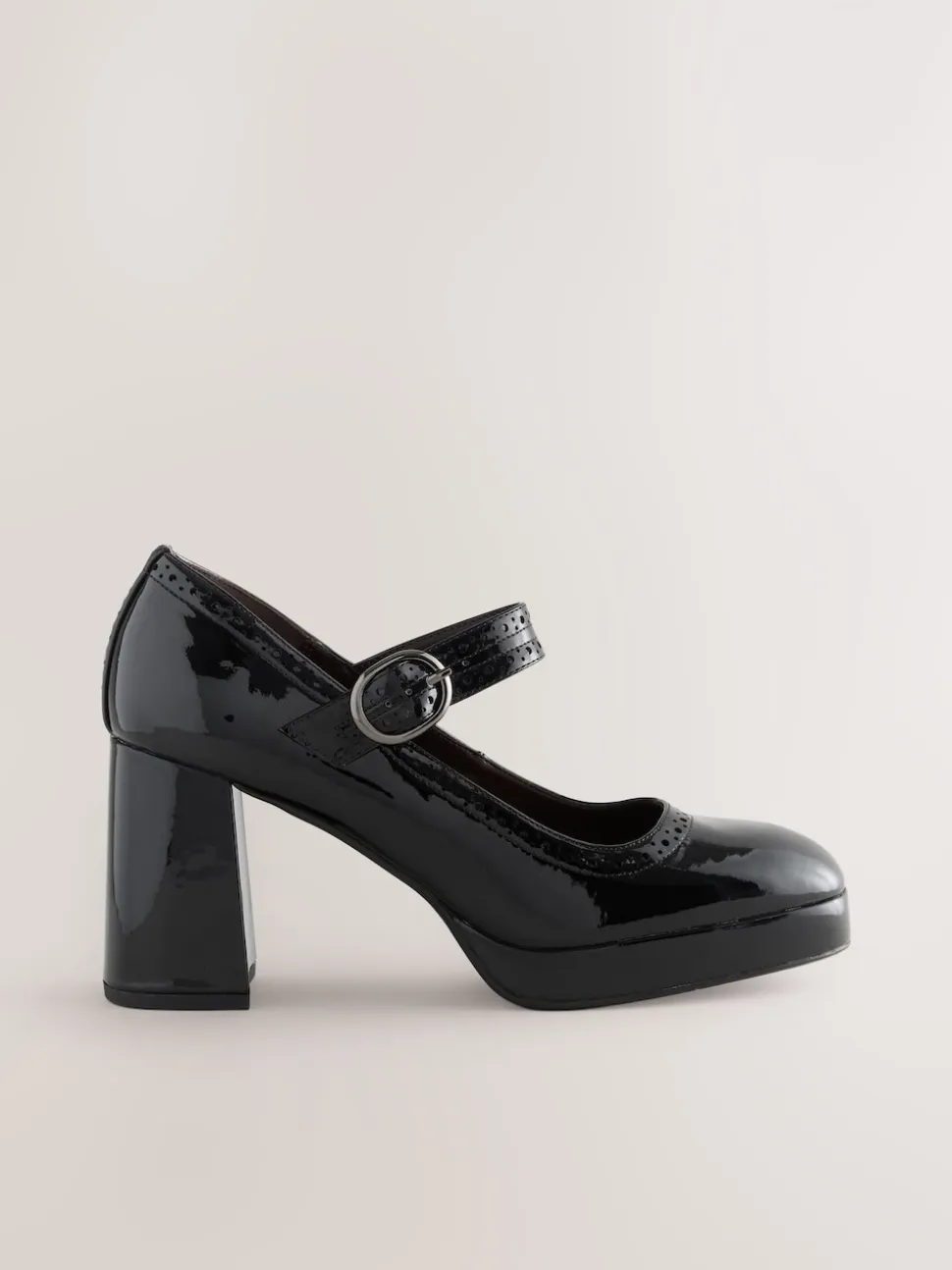 Black Patent Forever Comfort® Brogue Mary Jane Platform Block Heels