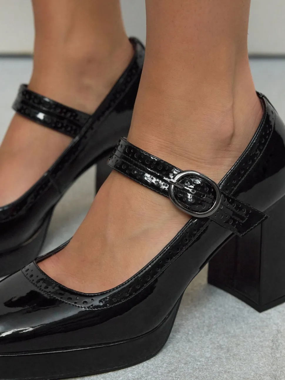 Black Patent Forever Comfort® Brogue Mary Jane Platform Block Heels