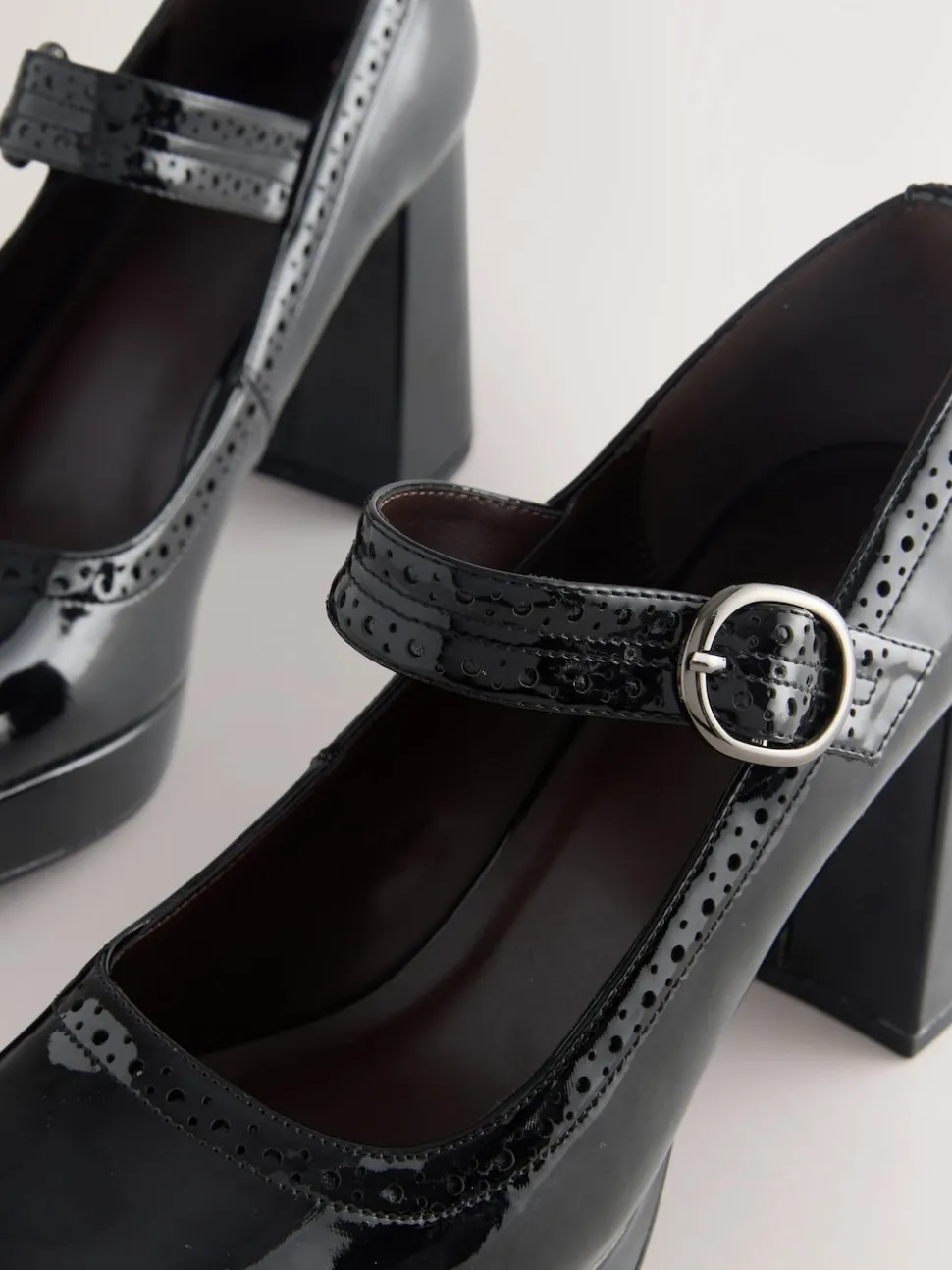 Black Patent Forever Comfort® Brogue Mary Jane Platform Block Heels