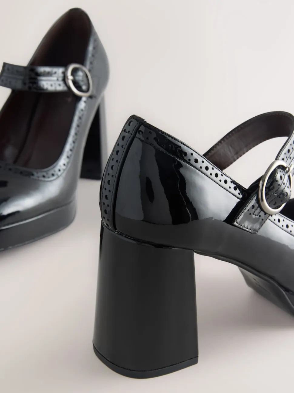 Black Patent Forever Comfort® Brogue Mary Jane Platform Block Heels