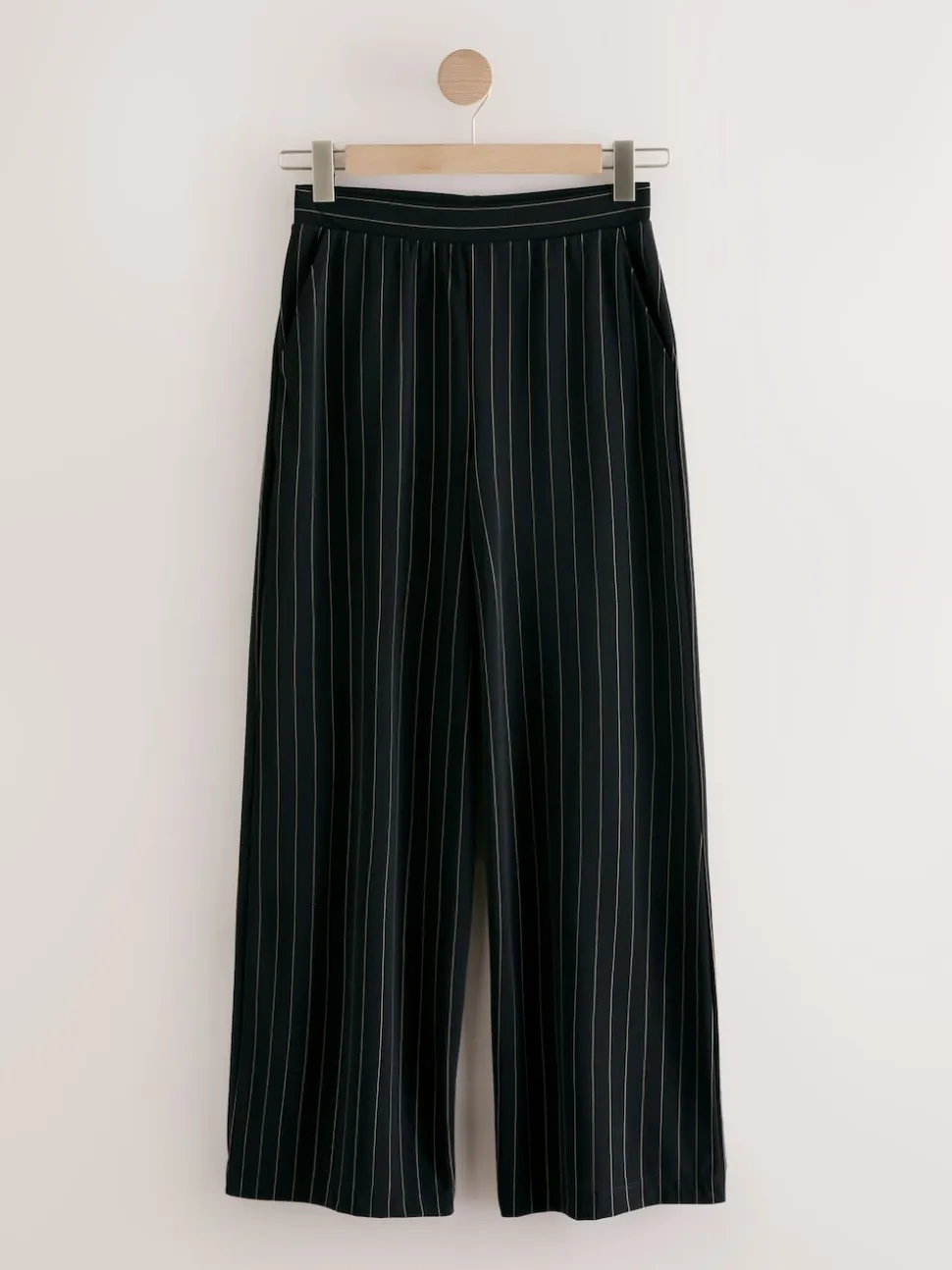 Black Pinstripe Waisted Wide Leg Trousers