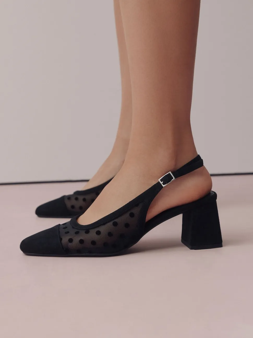 Black Polkadot Forever Comfort® Square Toe Slingback Block Heels