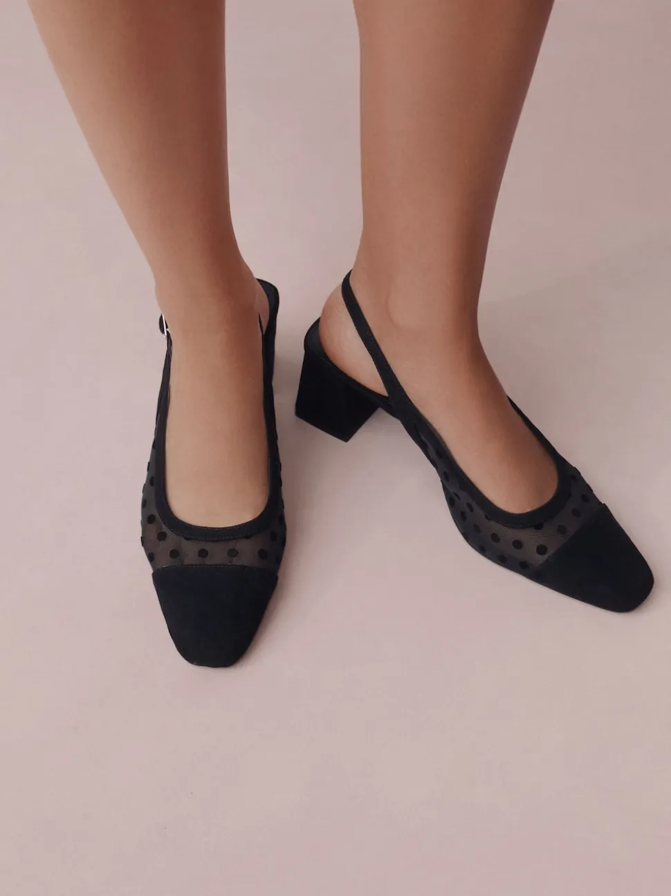 Black Polkadot Forever Comfort® Square Toe Slingback Block Heels