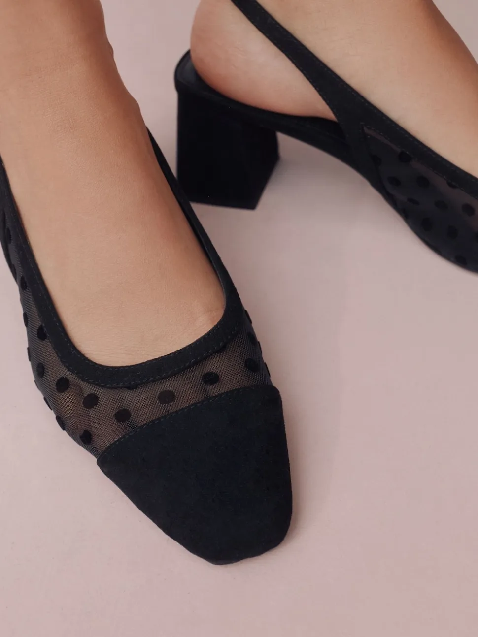 Black Polkadot Forever Comfort® Square Toe Slingback Block Heels