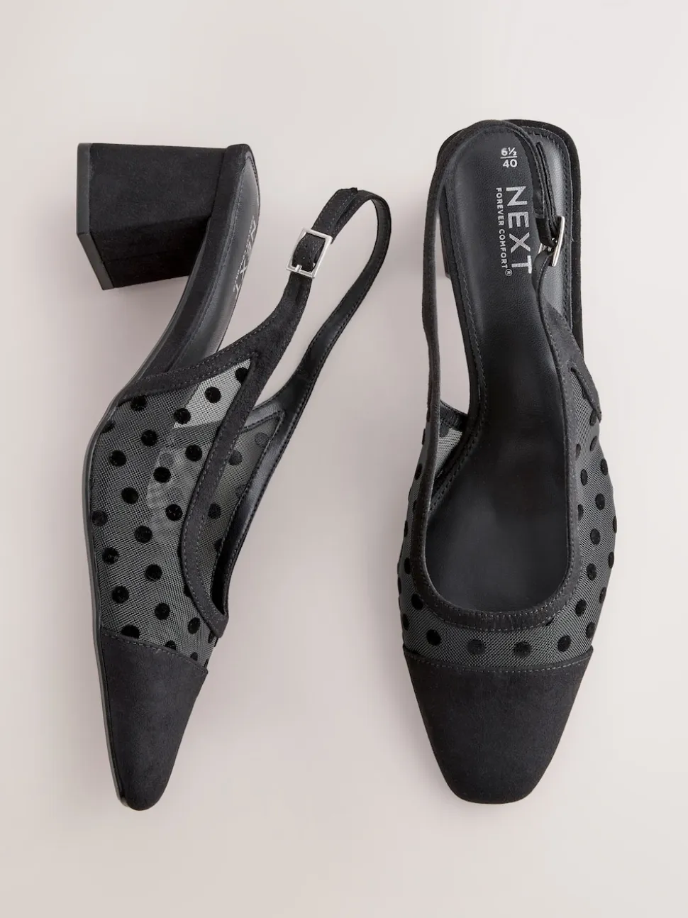 Black Polkadot Forever Comfort® Square Toe Slingback Block Heels