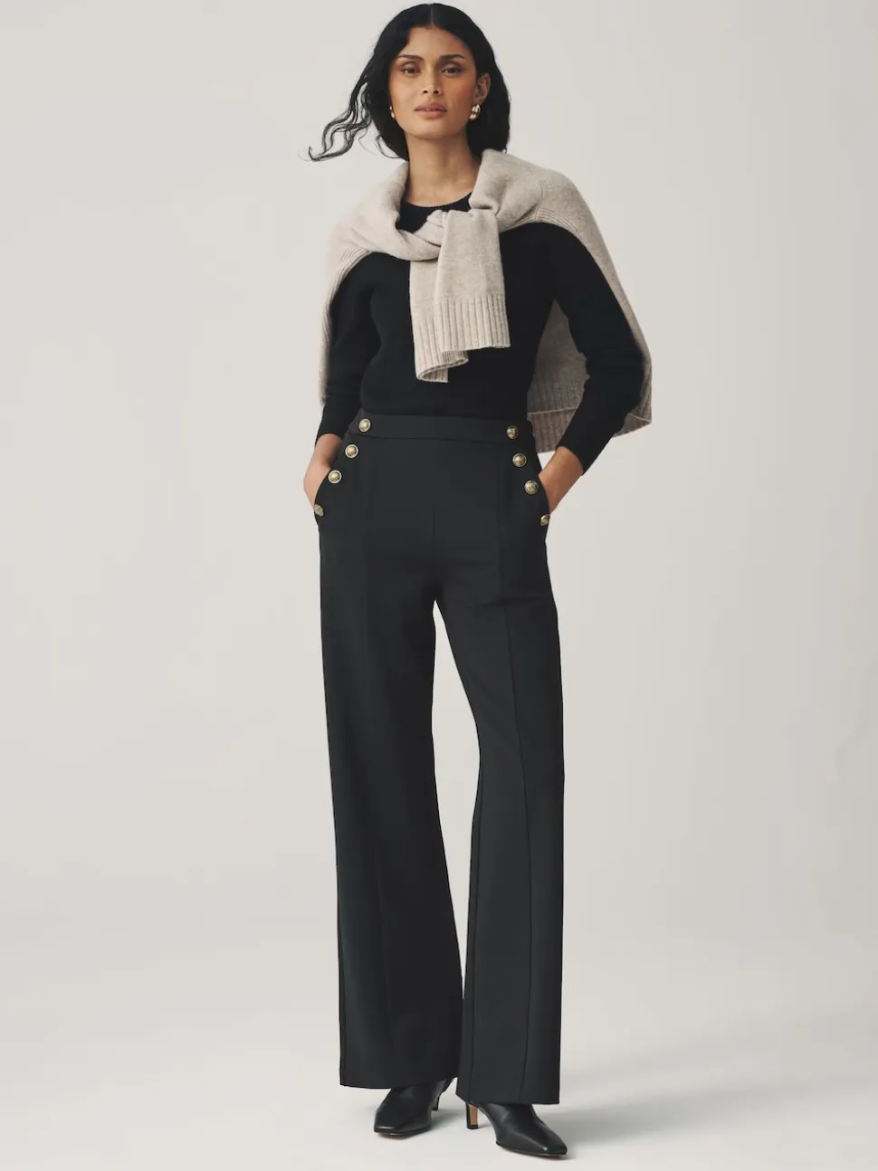 Black Ponte Wide Leg Trousers With Gold Button Detailing