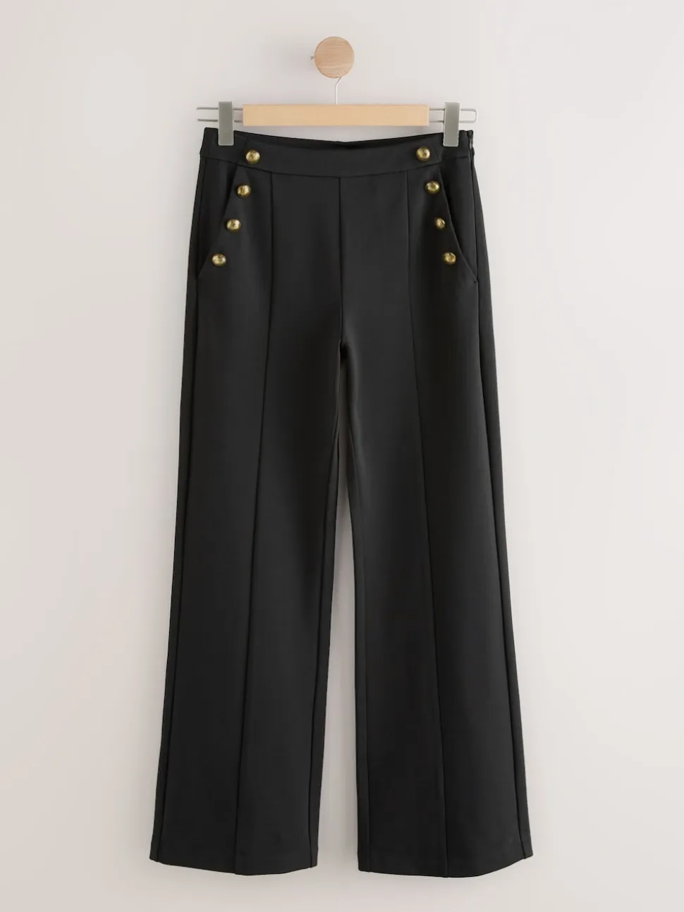 Black Ponte Wide Leg Trousers With Gold Button Detailing