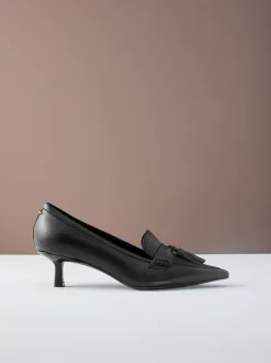 Black Premium Leather With Motionflex Point Toe Tassel Heels Loafers
