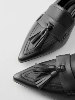 Black Premium Leather With Motionflex Point Toe Tassel Heels Loafers