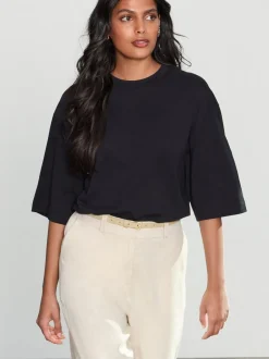 Black Relaxed Boxy Elbow Length Crew Neck T-Shirt