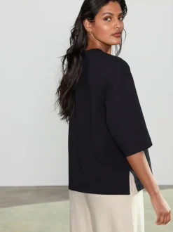 Black Relaxed Boxy Elbow Length Crew Neck T-Shirt