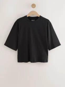 Black Relaxed Boxy Elbow Length Crew Neck T-Shirt