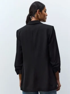 Black Relaxed Ruched Sleeve Blazer