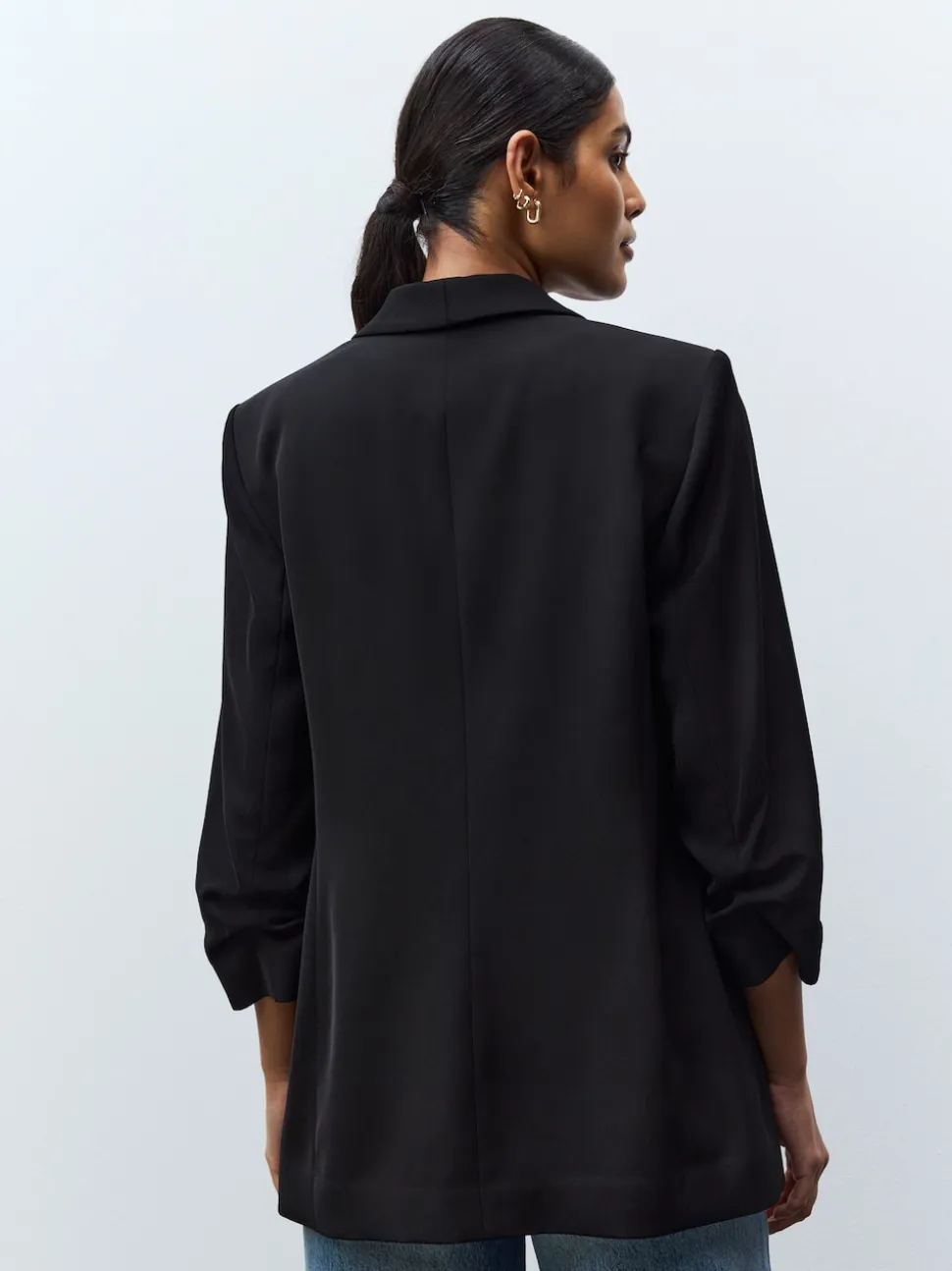 Black Relaxed Ruched Sleeve Blazer