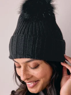 Black Rib Knit Pom Hat