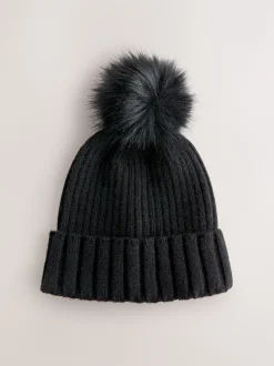 Black Rib Knit Pom Hat