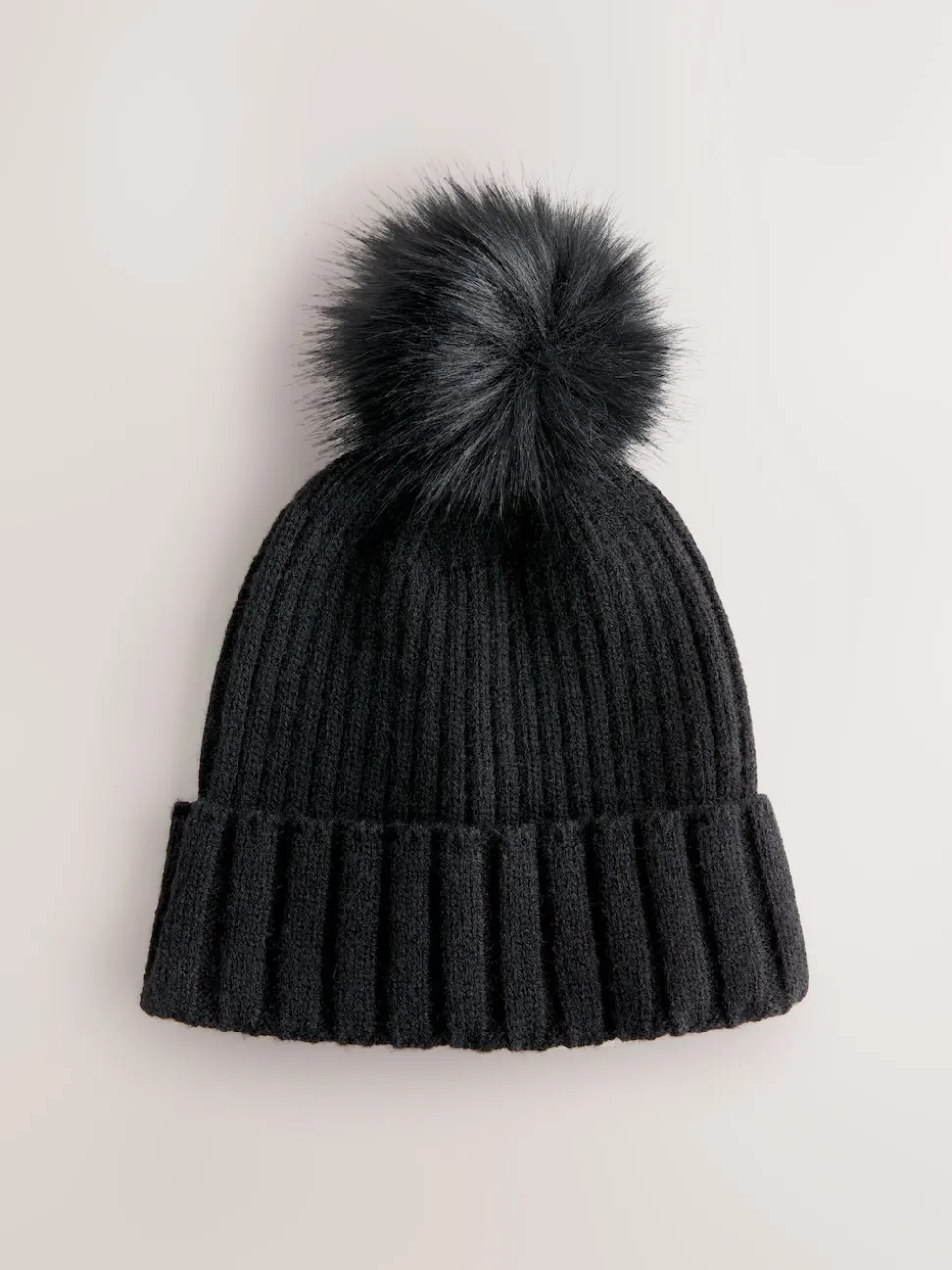 Black Rib Knit Pom Hat