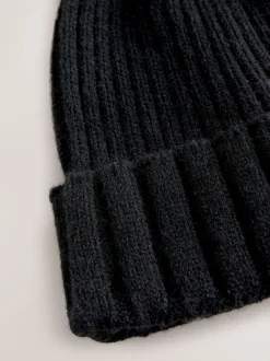Black Rib Knit Pom Hat