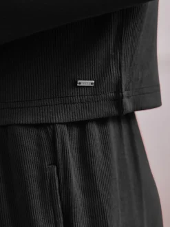 Black Ribbed Long Sleeve Pyjamas