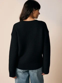 Black Ribbed V-Neck Knitted Jumper