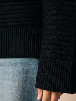 Black Ribbed V-Neck Knitted Jumper