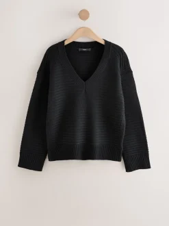 Black Ribbed V-Neck Knitted Jumper