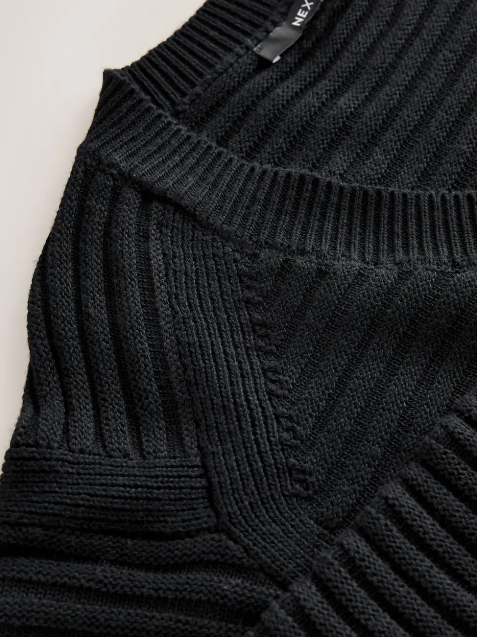 Black Ribbed V-Neck Knitted Jumper