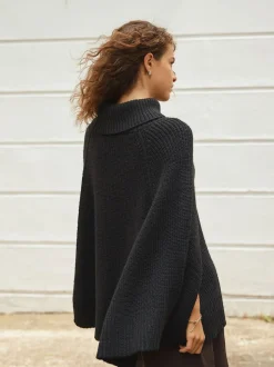 Black Roll Neck Ribbed Knitted Poncho