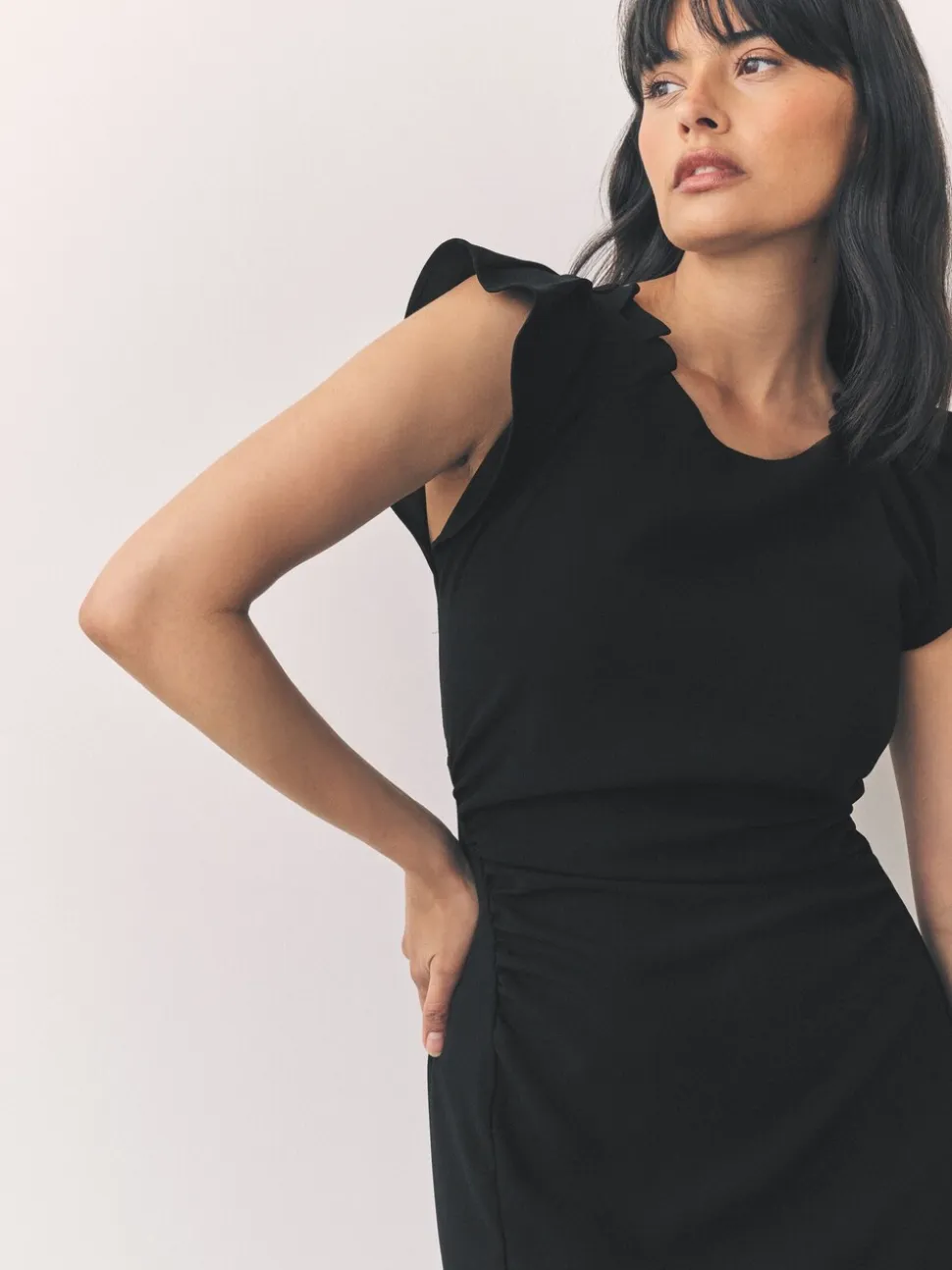 Black Ruched Short Sleeve Midi Dress