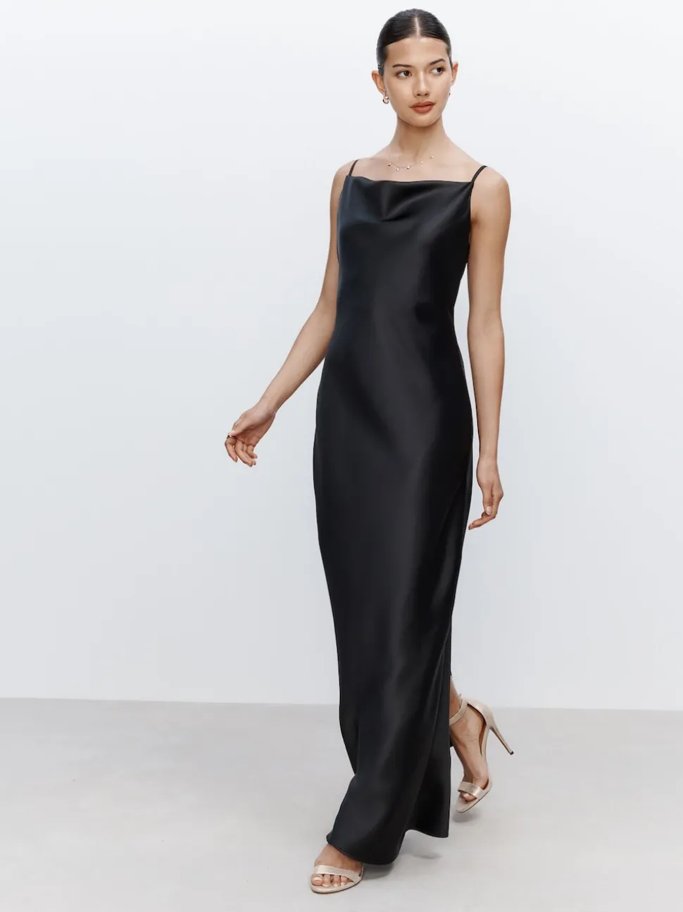 Black Satin Cowl Neck Wedding Guest Bridesmaid Maxi Dress