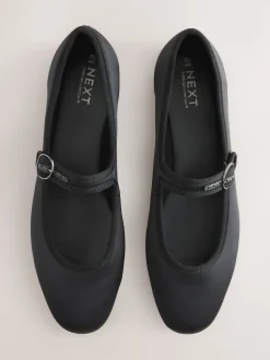 Black Satin Forever Comfort Round Toe Buckle Detail Mary Jane Shoes
