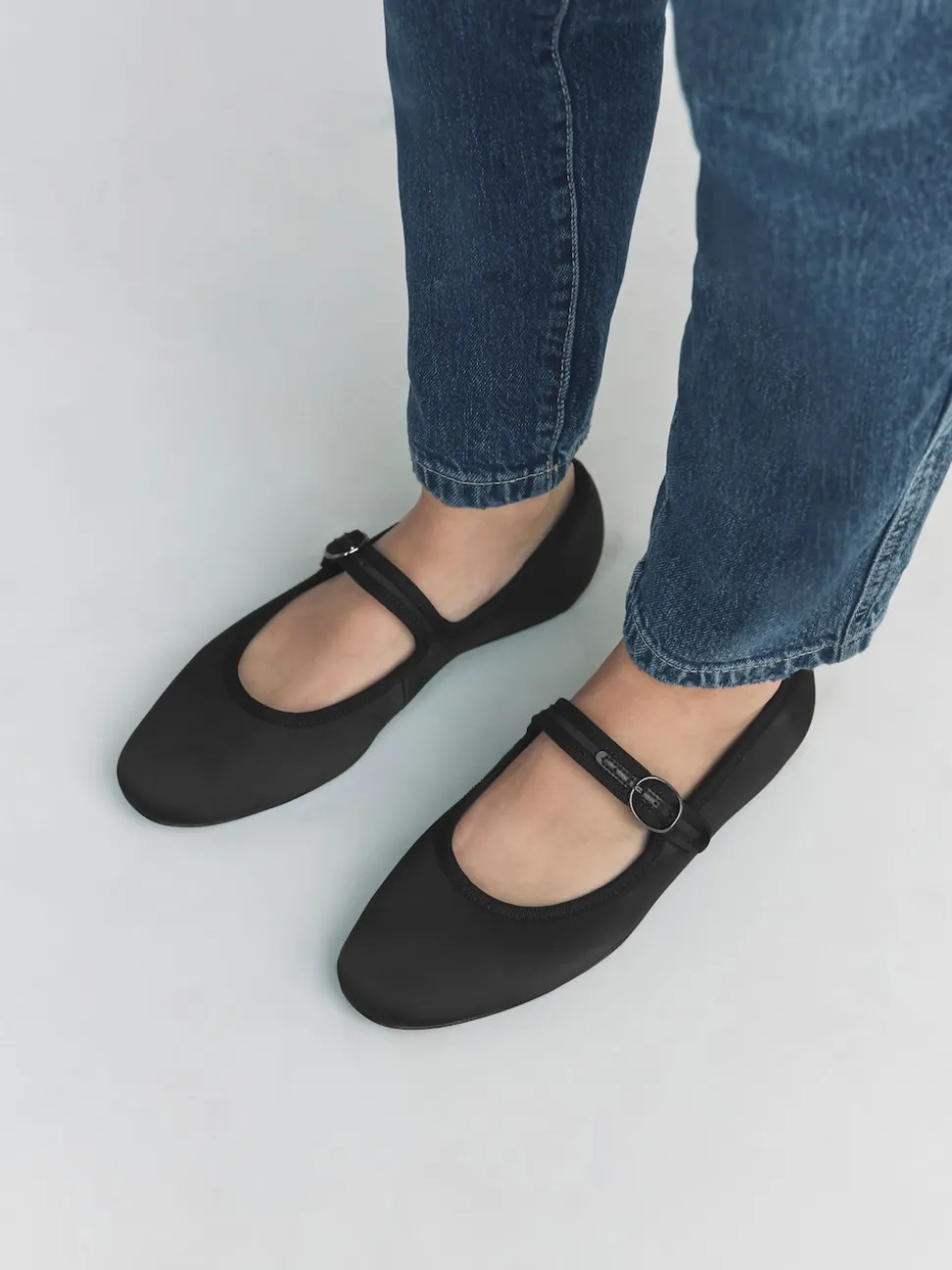 Black Satin Forever Comfort Round Toe Buckle Detail Mary Jane Shoes