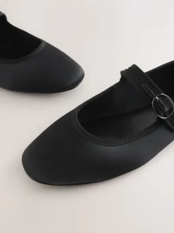 Black Satin Forever Comfort Round Toe Buckle Detail Mary Jane Shoes
